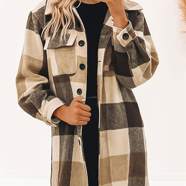 Knee Length Plaid Brown Khaki Tan Jacket