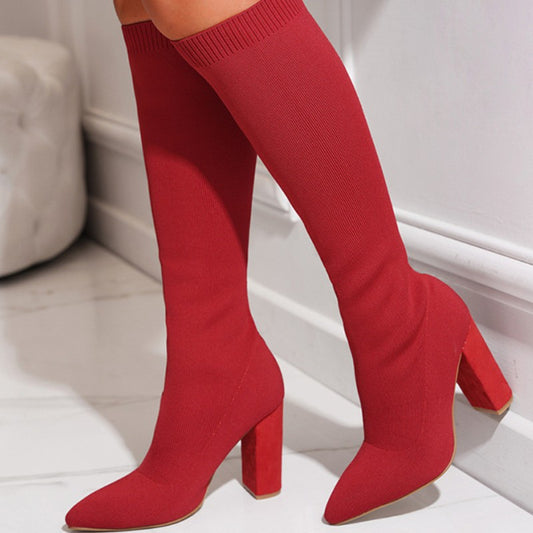 Gestrickte Stretch-Sockenstiefel mit klobigem Absatz (Rot, Schwarz, Braun)