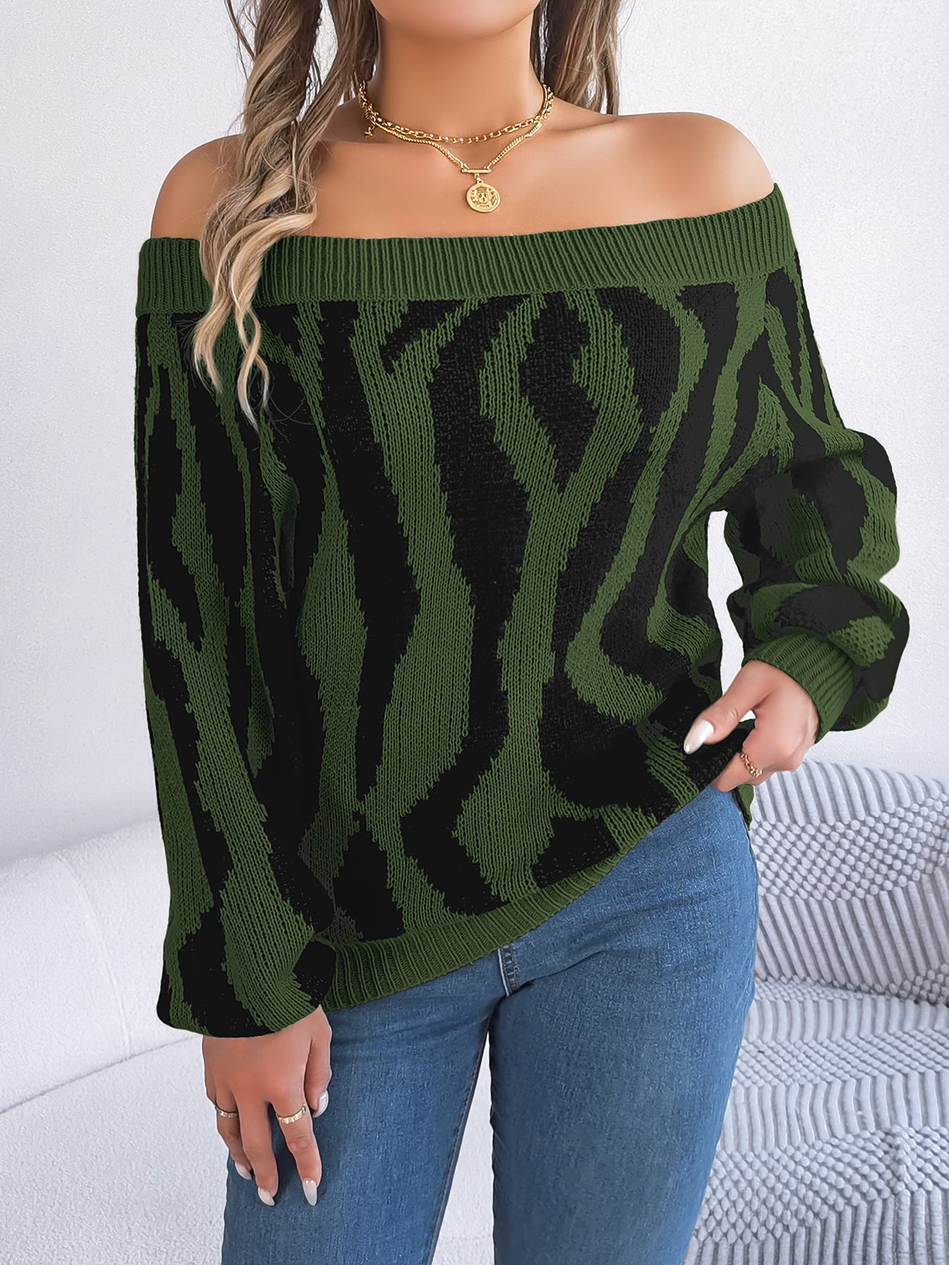 Off-the-shoulder Zebra Stiped Sweater (3 Colors)