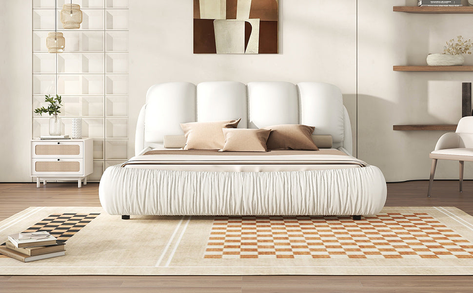King Size Luxury Handmade Upholstered Leather Bed with Oversized Padded Backrest, White