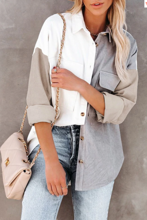 White & Grey Color Block Long Sleeve Shirt