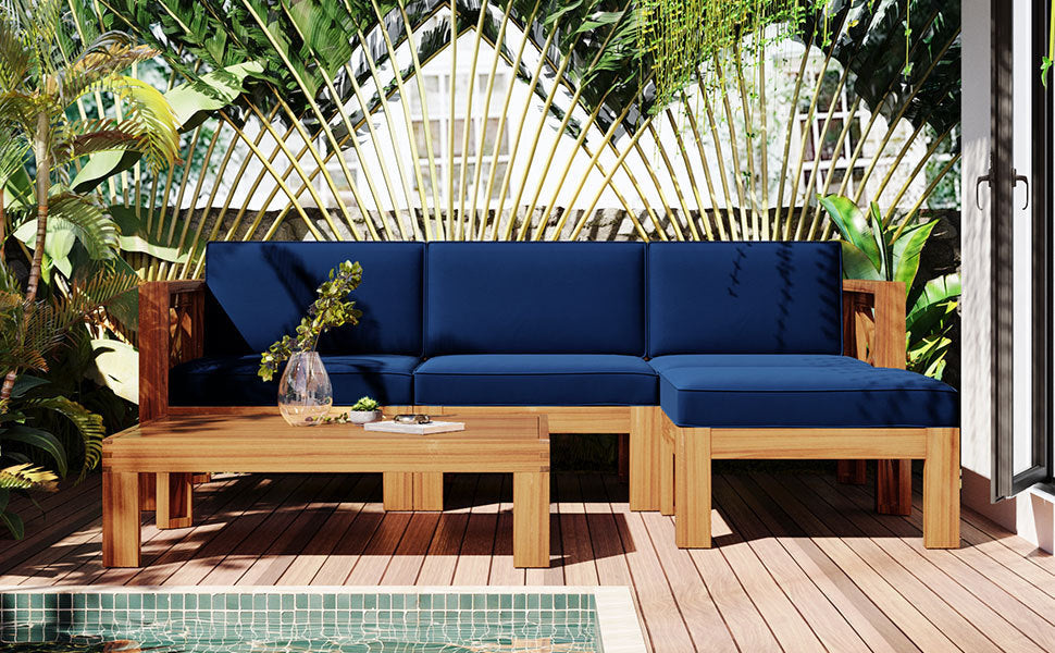 5-Piece Wood Outdoor Sectional Sofa Patio Set with Blue Cushions