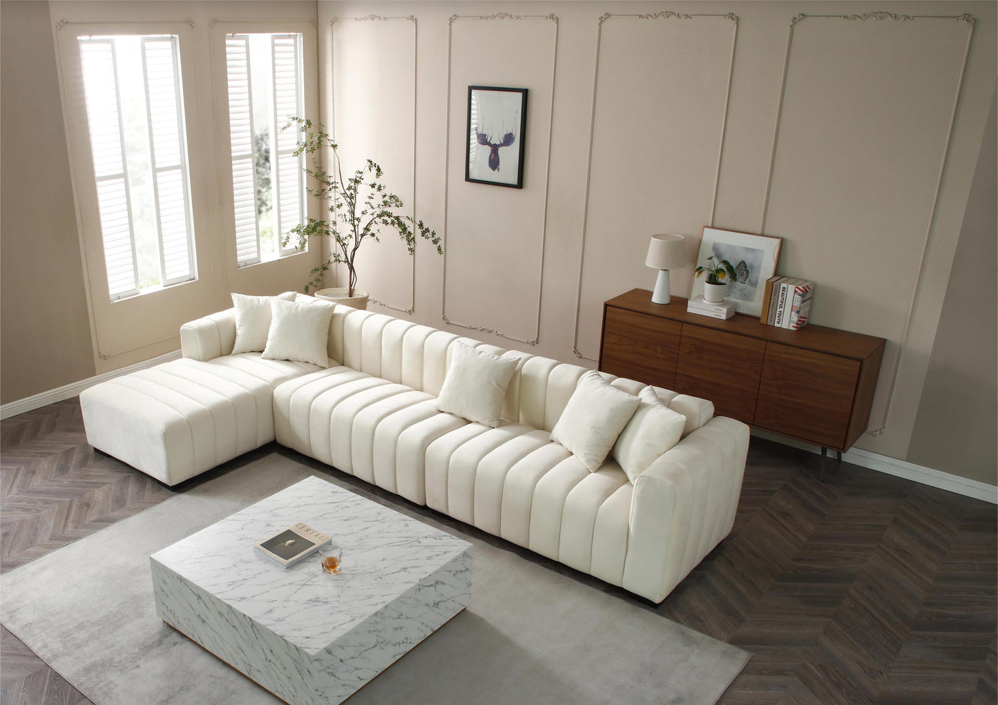 139'' Channel Tufted Sofa Velvet Upholstered Left Chaise Modular Sofa beige