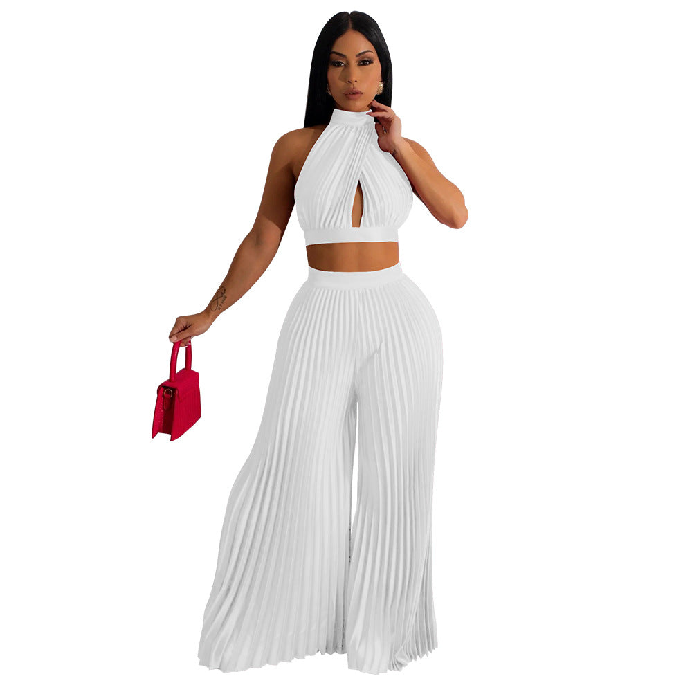 Zweiteiliges Set mit plissiertem Satin-Neckholder-Oberteil und weitem Bein für Damen