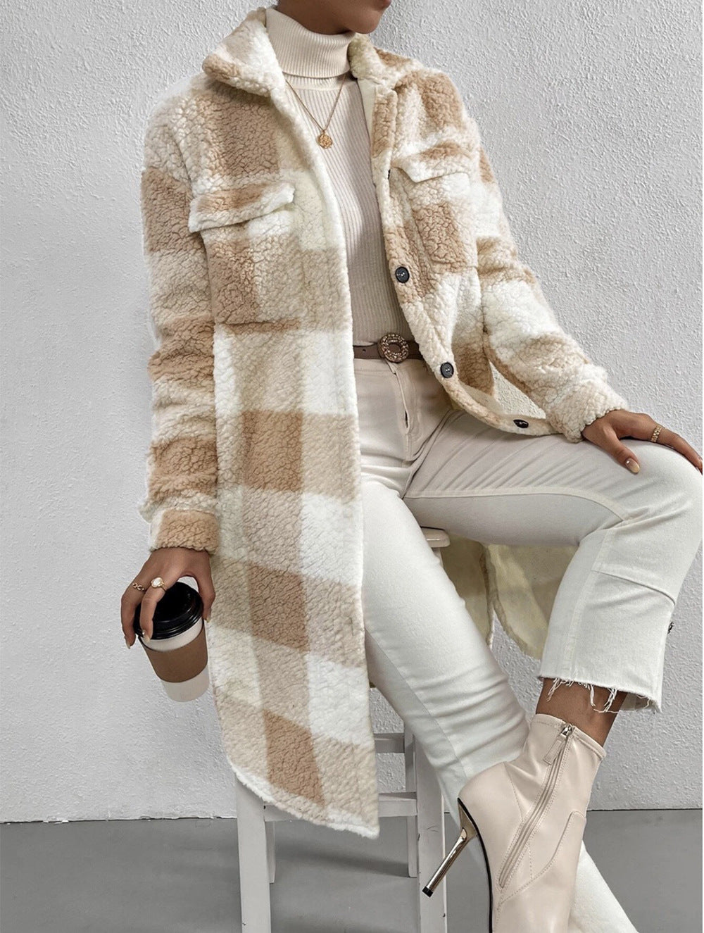 Chaqueta suéter larga a cuadros de felpa (5 colores)