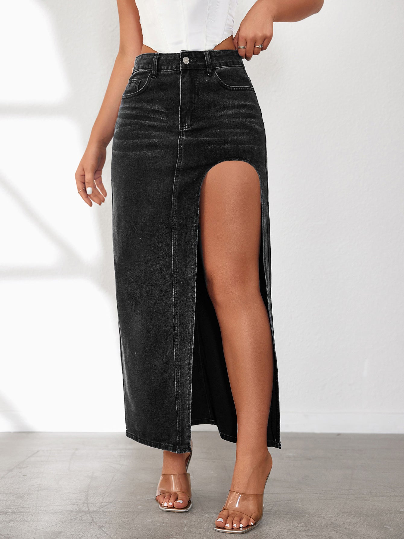 High Slit Women's Washed  Denim Skirt (5 Colors)