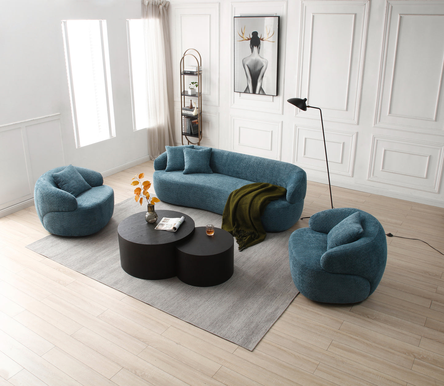 360° Swivel Barrel Mid-Century Modern Curved Chair, Boucle Blue