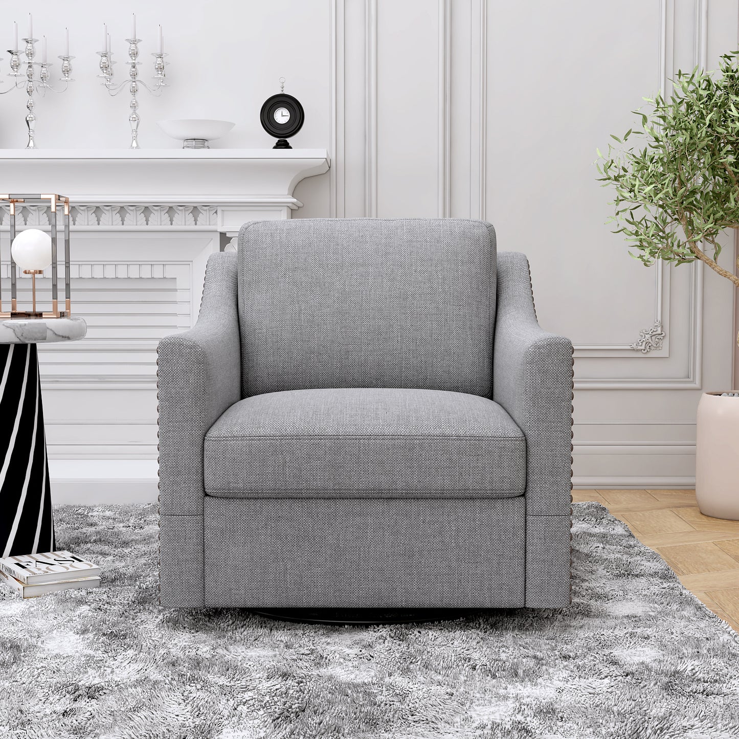 360 Degree Swivel Armchair Cotton Linen Fabric Ergonomic Design Brass Nail Head Detail