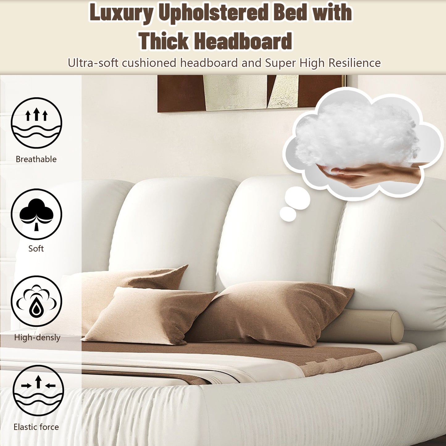 King Size Luxury Handmade Upholstered Leather Bed with Oversized Padded Backrest, White