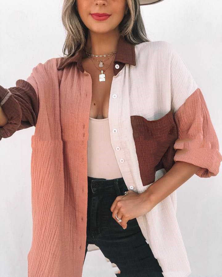 Highlights Color Block Long Sleeve Women's Buttoned Shirts