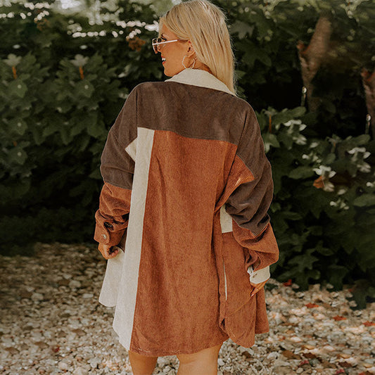 Plus Size Tan & Brown Color Block Corduroy Long Sleeve Shirt
