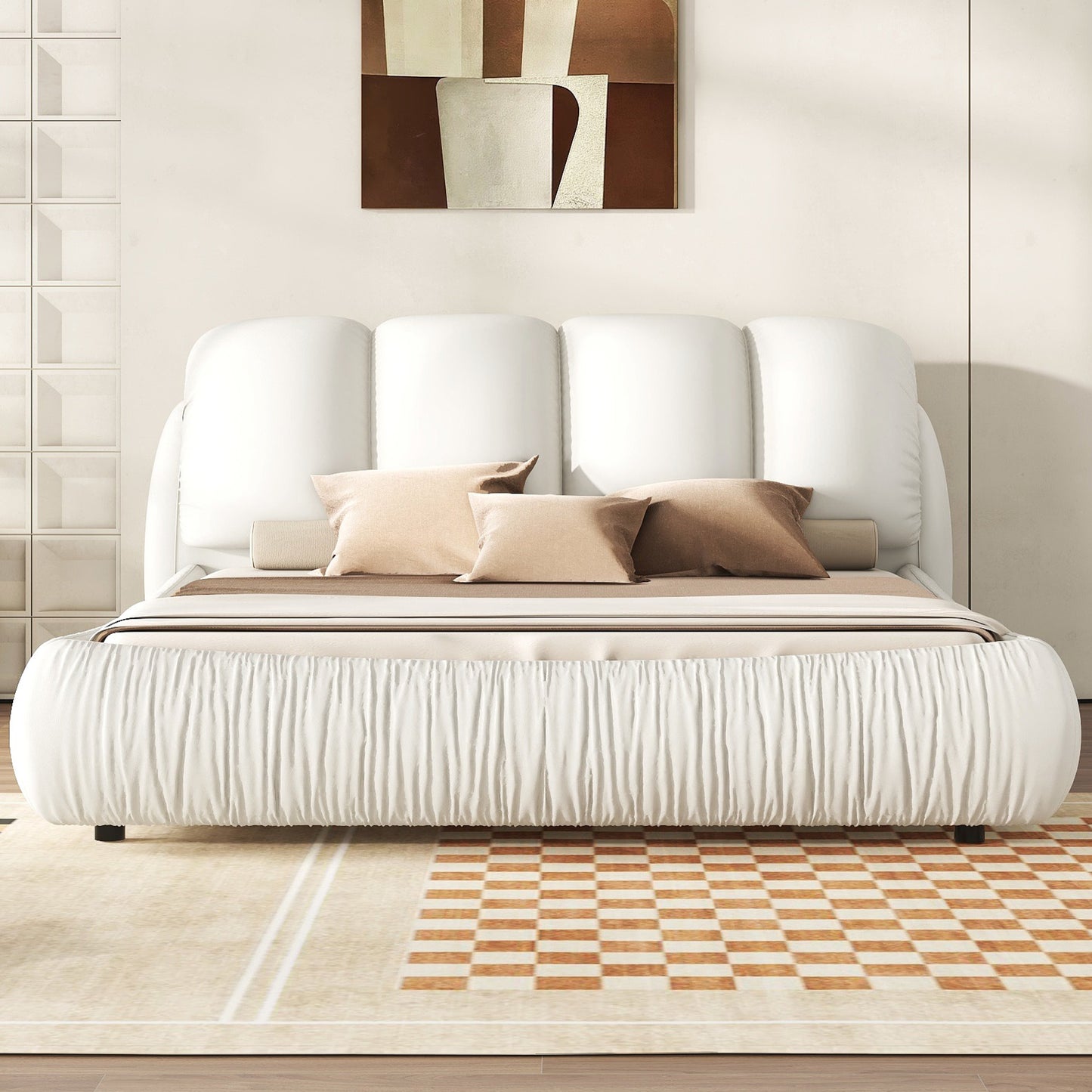 King Size Luxury Handmade Upholstered Leather Bed with Oversized Padded Backrest, White