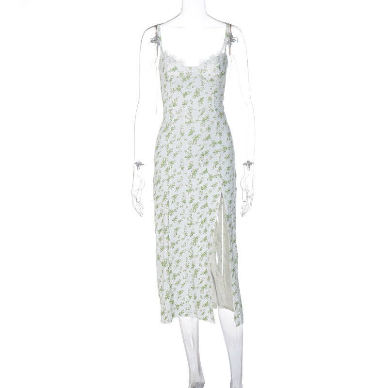 Lace Floral Print Long Split Summer Dress