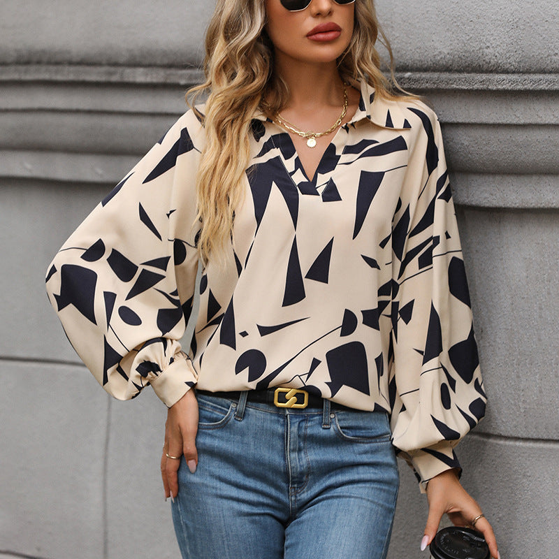 Blusa de manga larga de moda abstracta caqui y negra