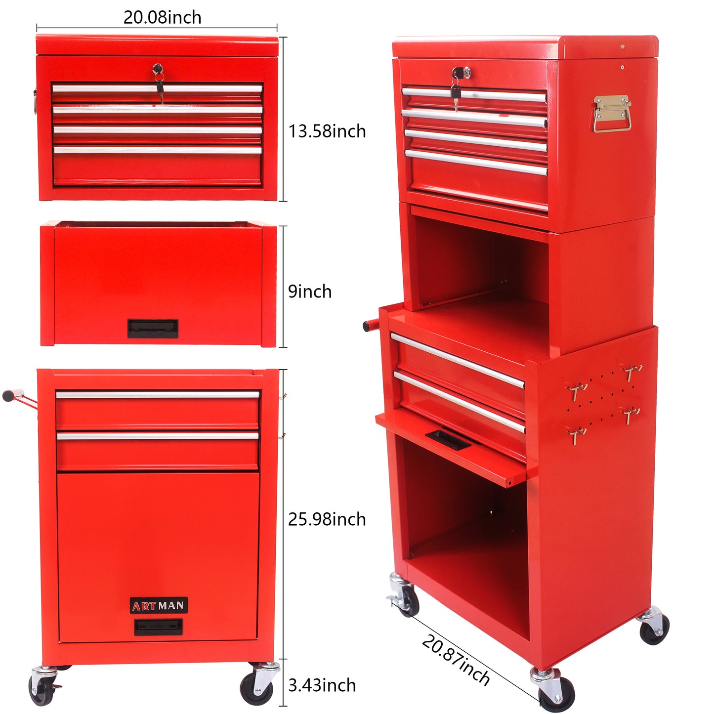 Rollbare Werkzeugtruhe mit Rollen und Schubladen, Werkzeugschrank mit 6 Schubladen – ROT