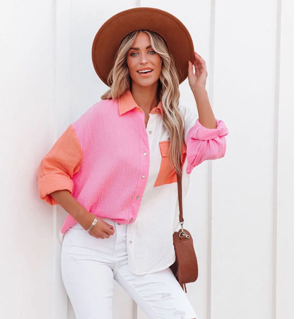 Highlights Color Block Long Sleeve Women's Buttoned Shirts