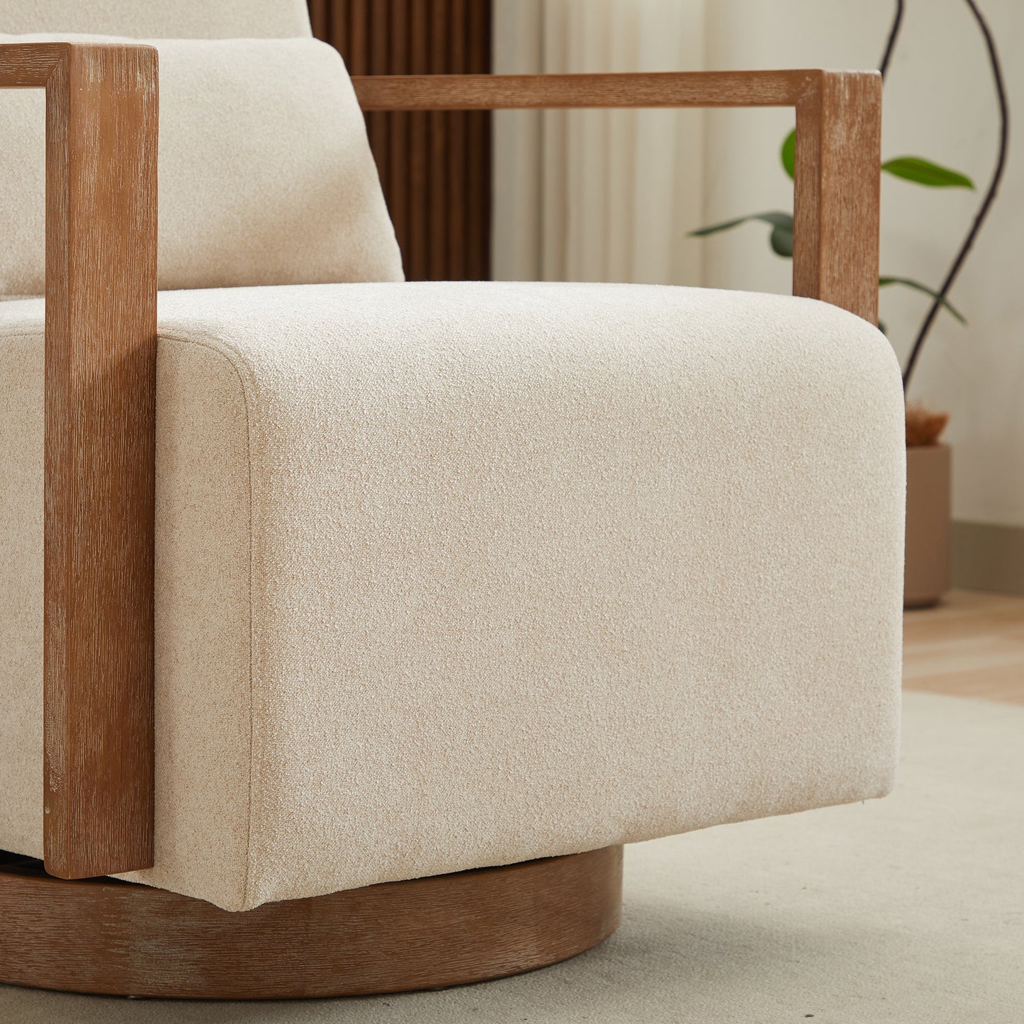 Beige 360 Degree Swivel Modern Upholstered Accent Chair with Wood Armrests