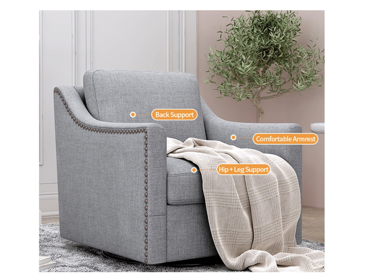 360 Degree Swivel Armchair Cotton Linen Fabric Ergonomic Design Brass Nail Head Detail