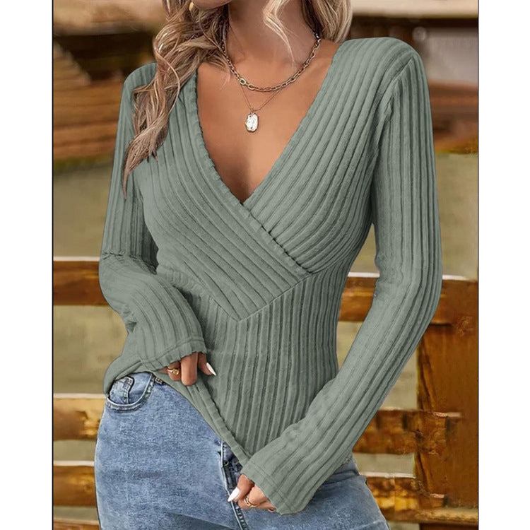 Ribbed Knit V-neck Long-sleeve Sweater