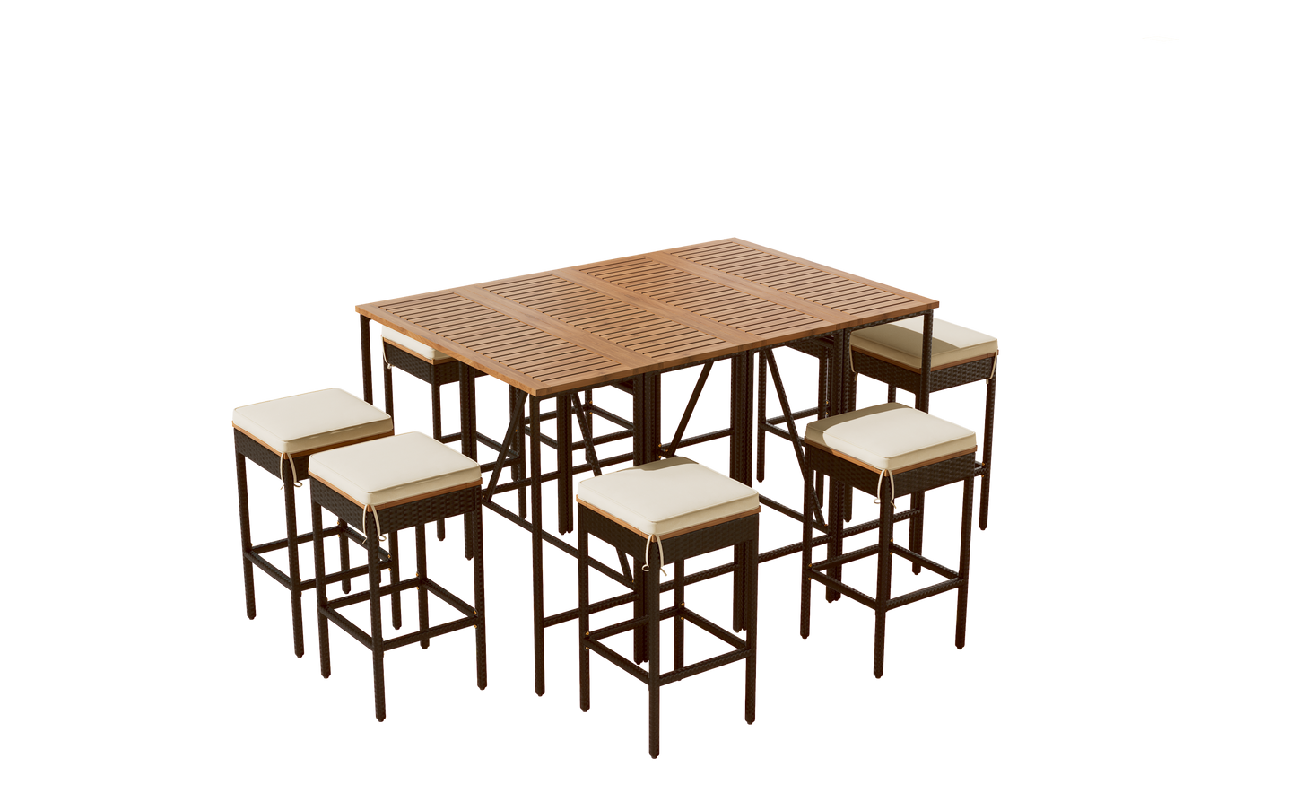 10-teiliger Outdoor-Bartisch aus Akazienholz mit acht gepolsterten Hockern, braun