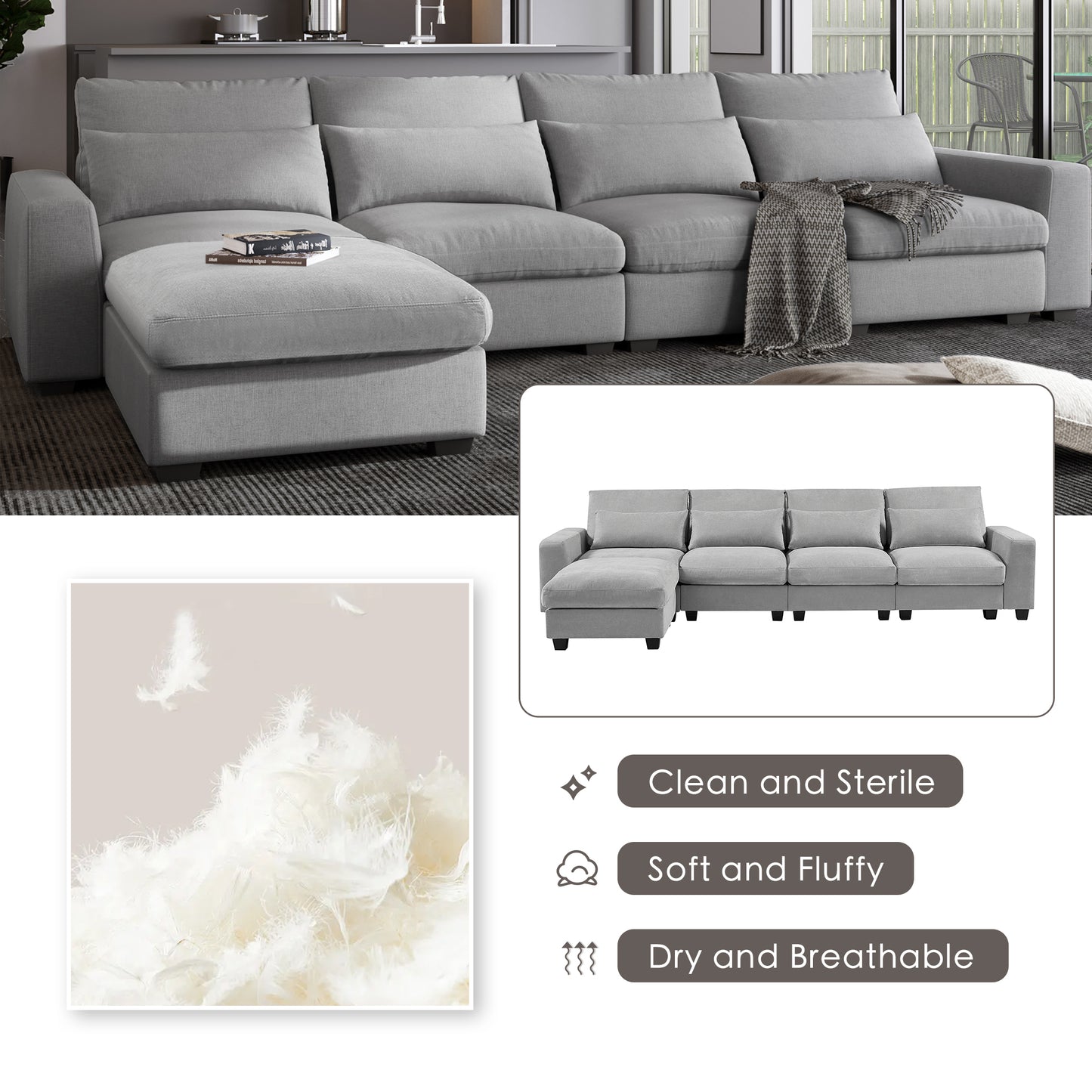 Light Grey Modern Large L-Shape Sectional Sofa, Convertible Sofa Couch with Reversible Chaise for Living Room