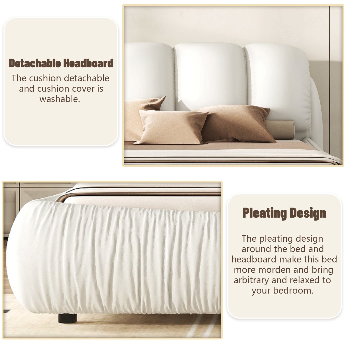 King Size Luxury Handmade Upholstered Leather Bed with Oversized Padded Backrest, White