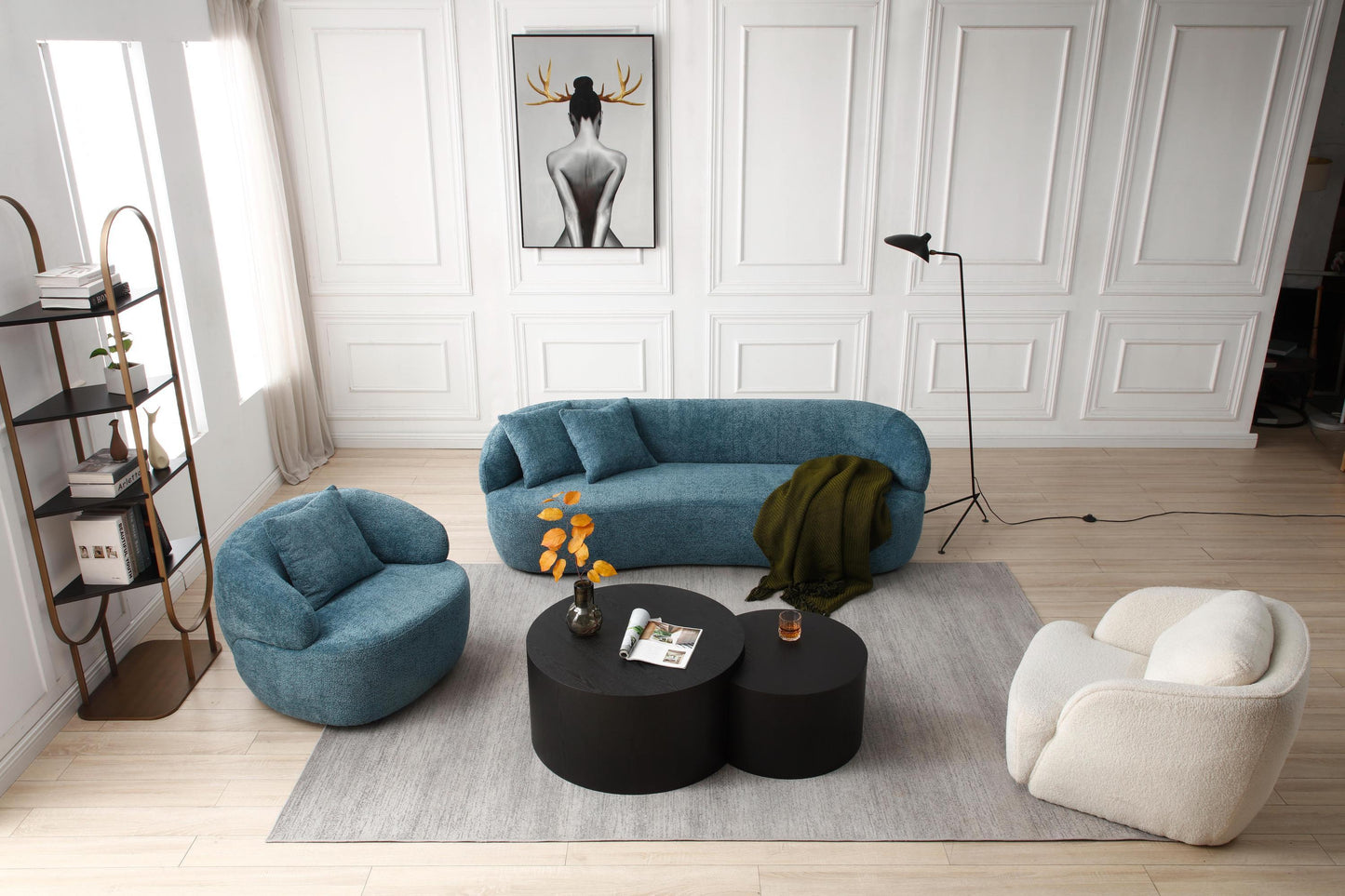 360° Swivel Barrel Mid-Century Modern Curved Chair, Boucle Blue