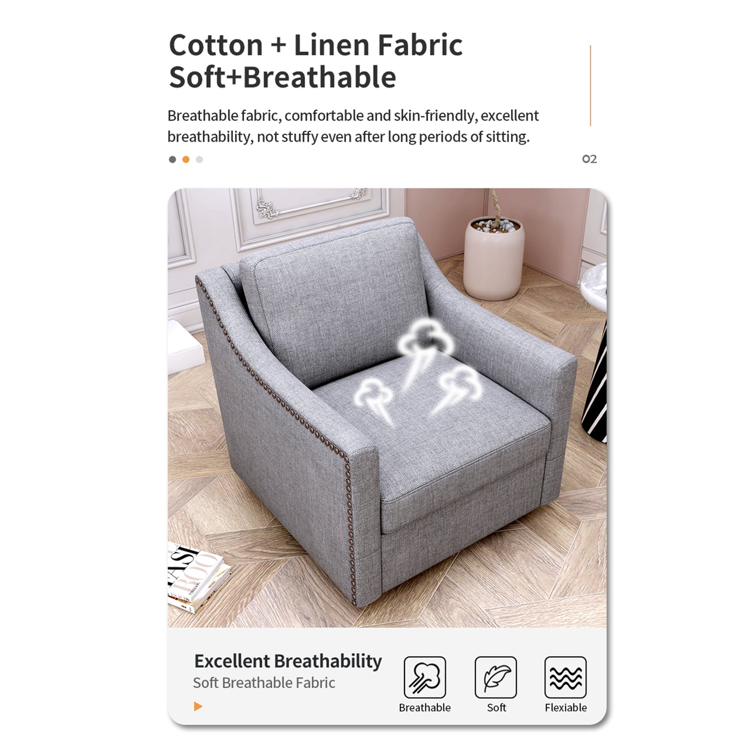 360 Degree Swivel Armchair Cotton Linen Fabric Ergonomic Design Brass Nail Head Detail