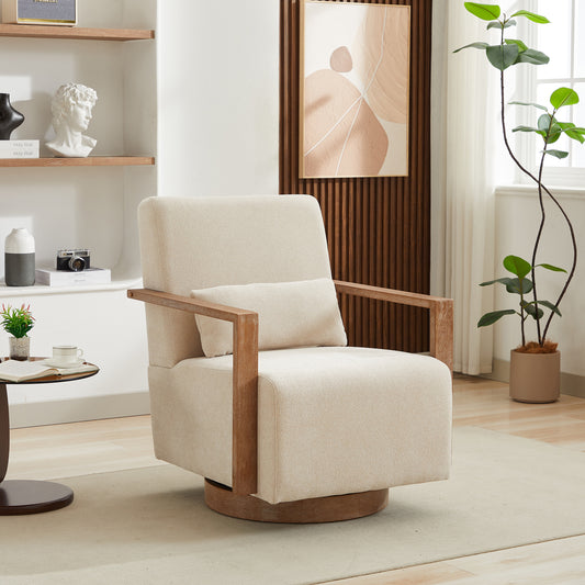 Beige 360 Degree Swivel Modern Upholstered Accent Chair with Wood Armrests