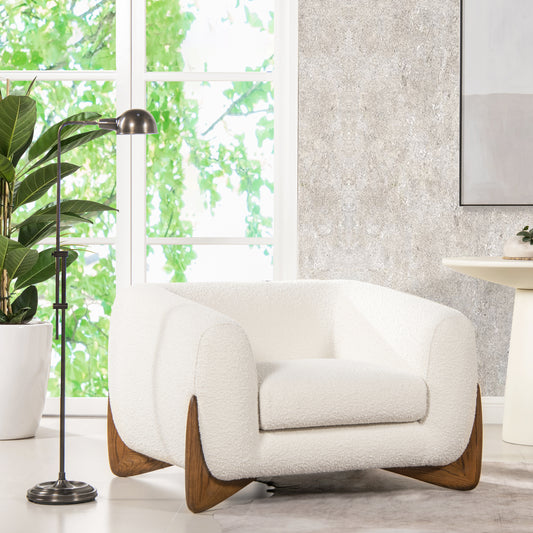 Modern White Sherpa Bouclé Accent Chair – Curved Mid-Century Design with Natural Oak Base | Luxe Lounge Seating for Living Room or Bedroom 44'