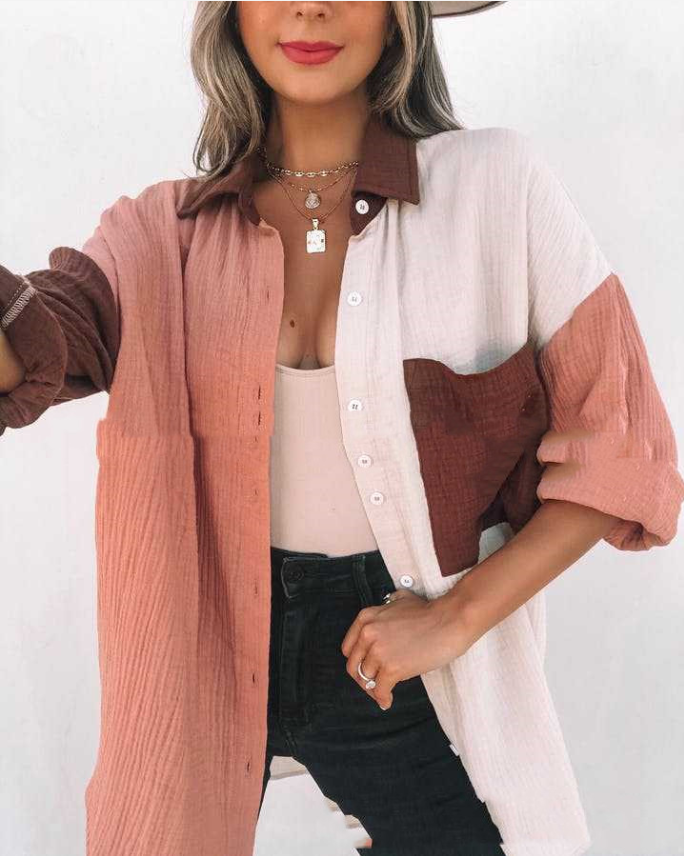 Highlights Color Block Long Sleeve Women's Buttoned Shirts