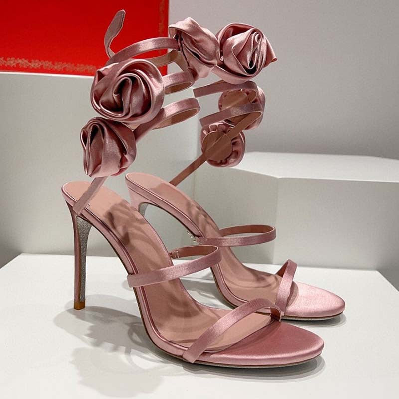 Rose Wrap Around Calf Open Toe High Heels