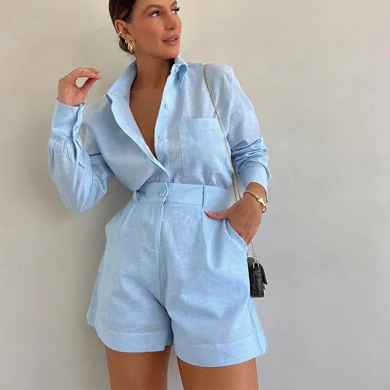 Button Up Lapel Collar Short Set