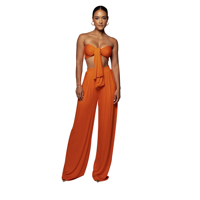 Tied Tube Top Mid-Waist Wide-Leg Pant Two-piece Set