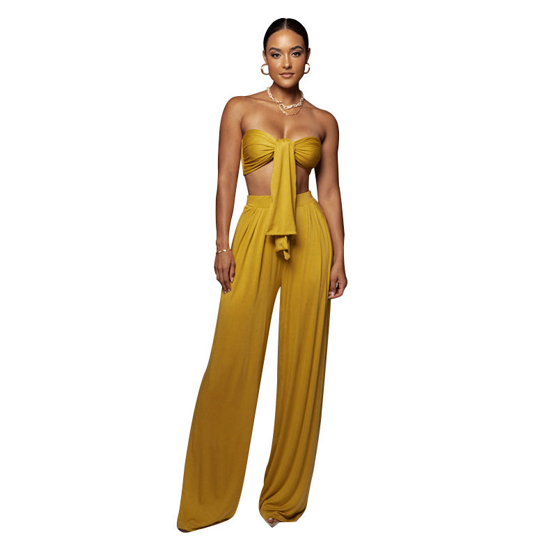 Tied Tube Top Mid-Waist Wide-Leg Pant Two-piece Set