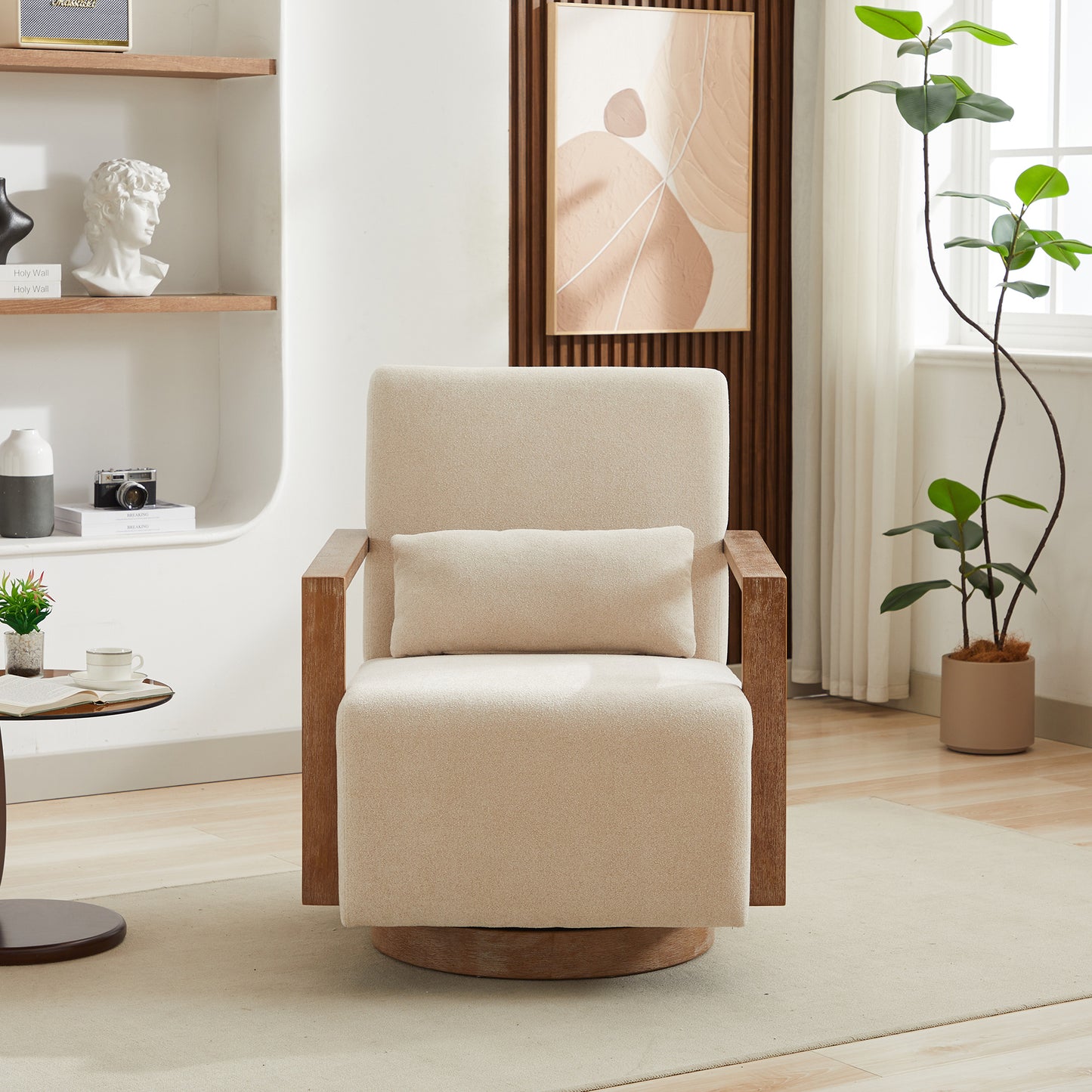 Beige 360 Degree Swivel Modern Upholstered Accent Chair with Wood Armrests