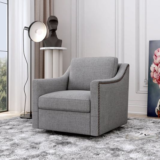 360 Degree Swivel Armchair Cotton Linen Fabric Ergonomic Design Brass Nail Head Detail