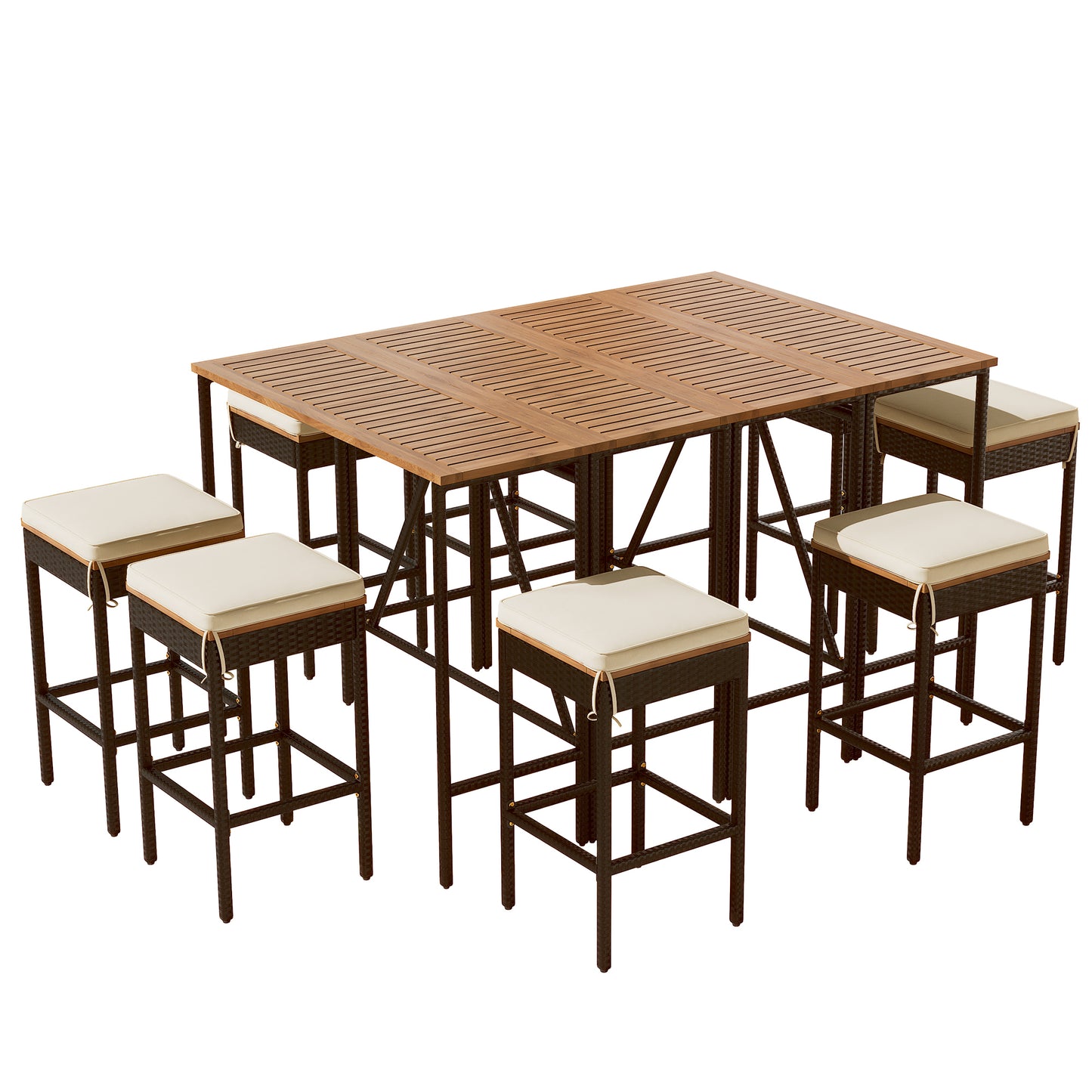 10-teiliger Outdoor-Bartisch aus Akazienholz mit acht gepolsterten Hockern, braun