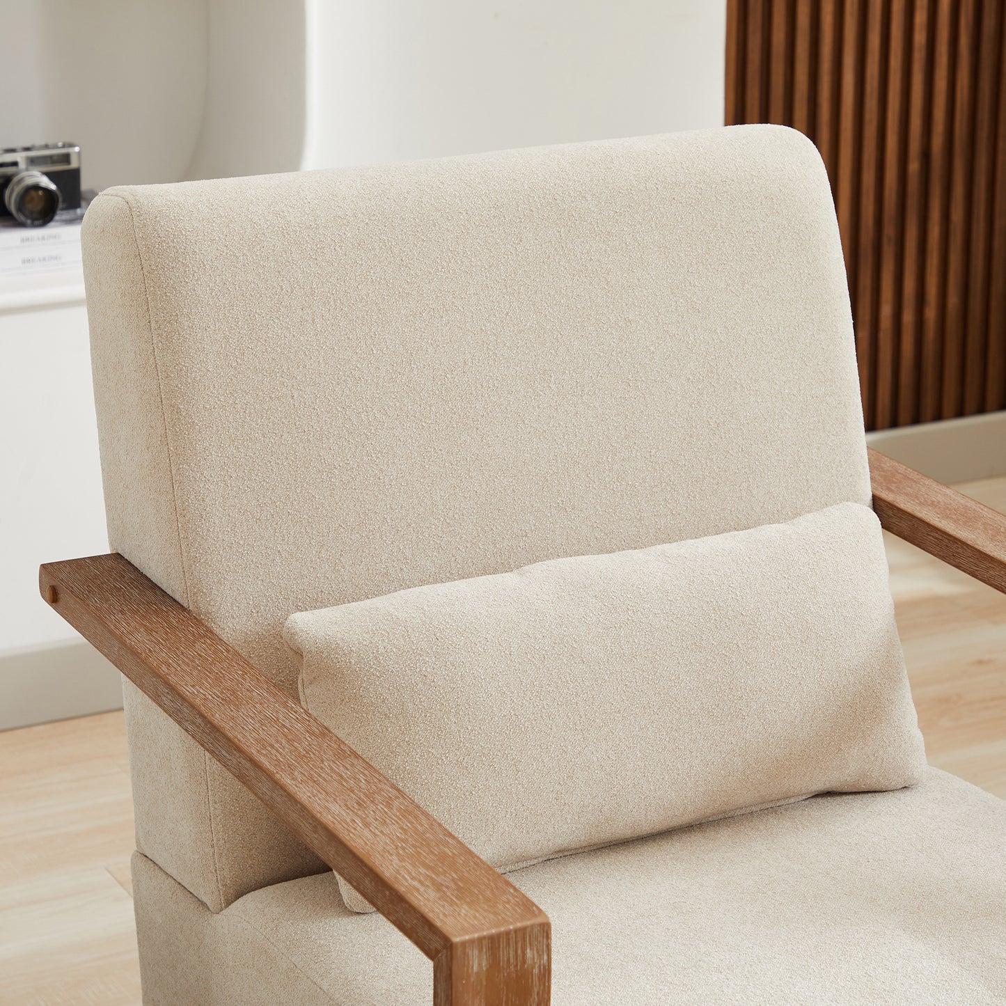 Beige 360 Degree Swivel Modern Upholstered Accent Chair with Wood Armrests