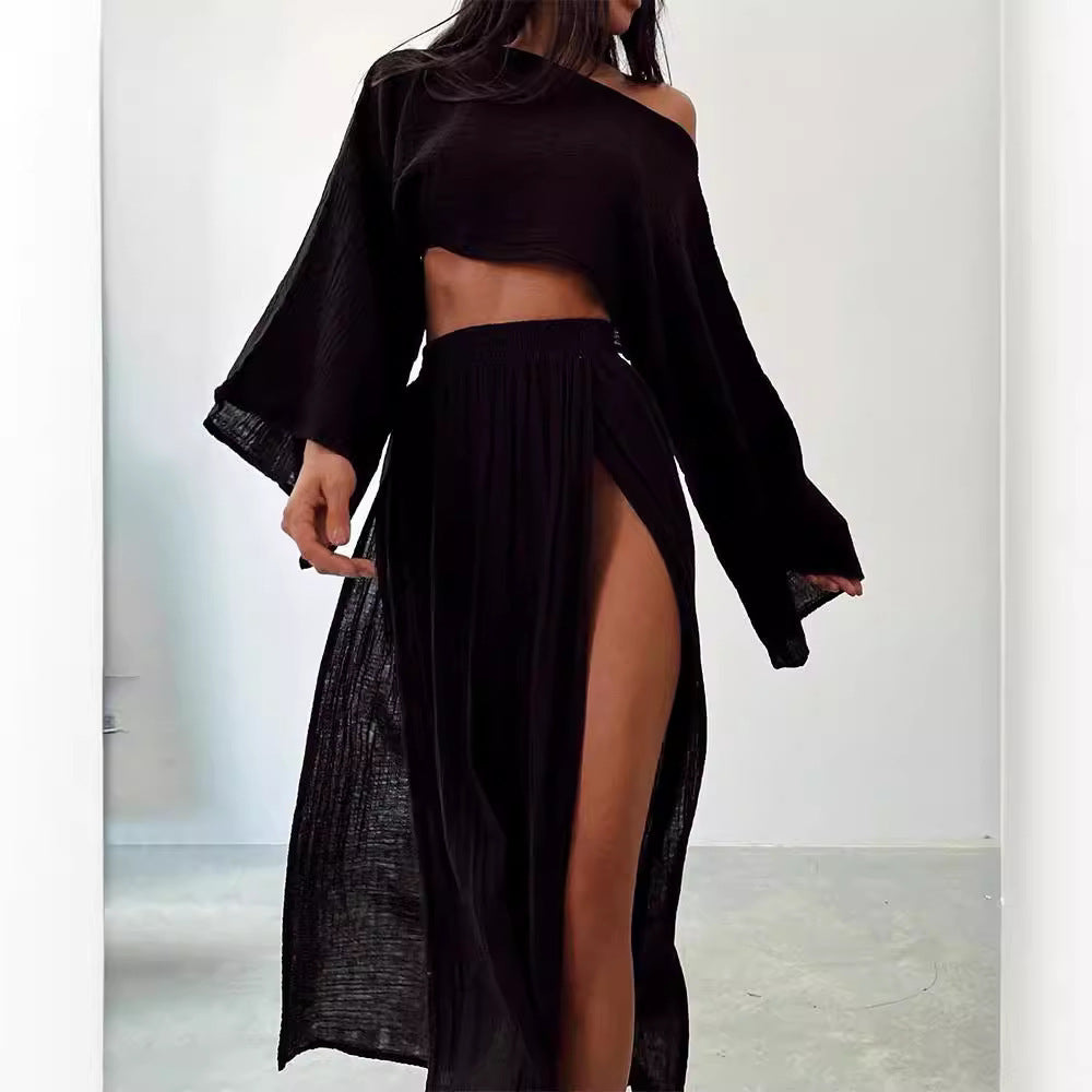 Linen Blend Splits Two-piece Skirt Set