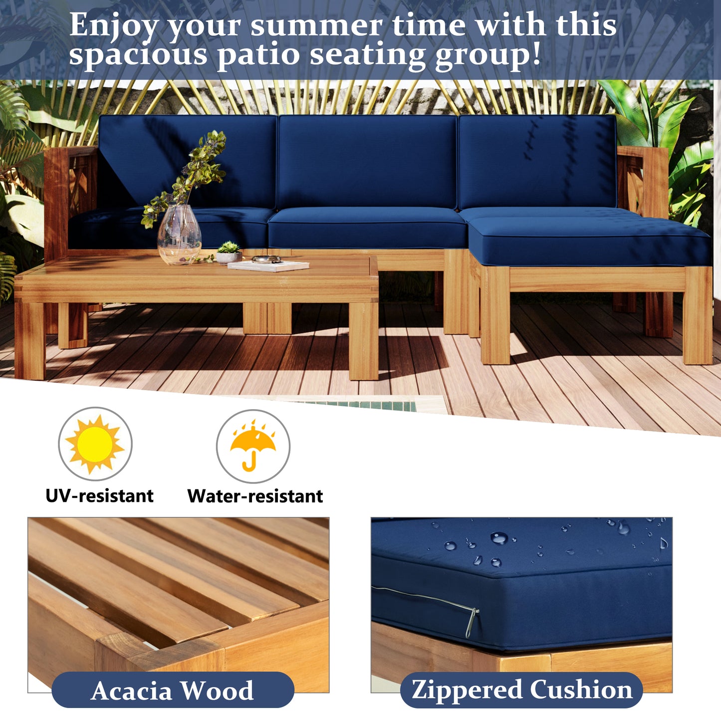 5-Piece Wood Outdoor Sectional Sofa Patio Set with Blue Cushions