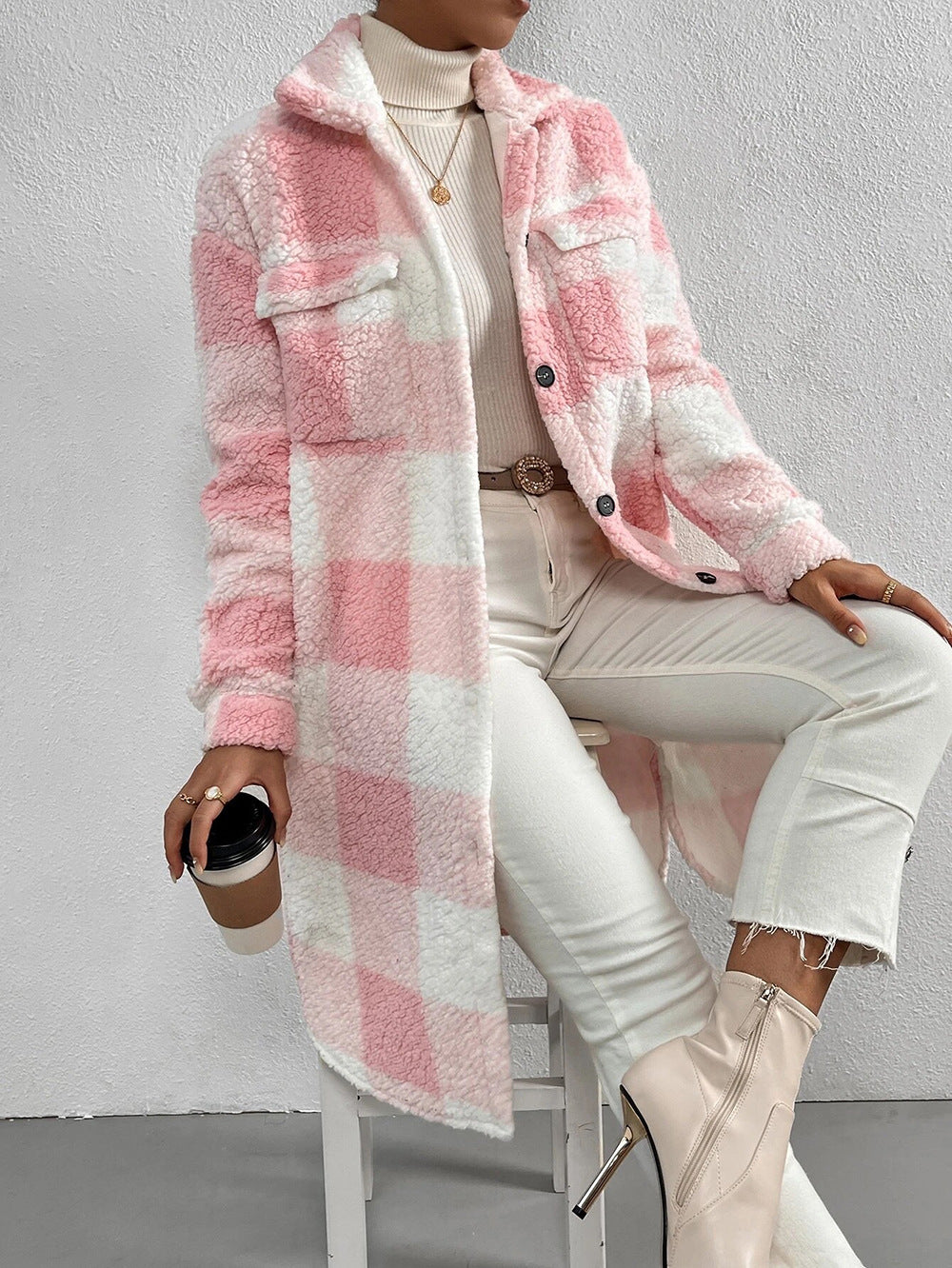 Chaqueta suéter larga a cuadros de felpa (5 colores)