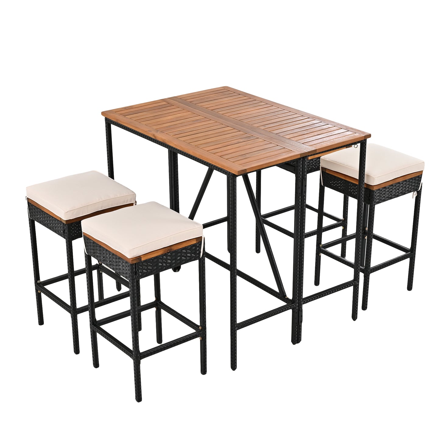 10-teiliger Outdoor-Bartisch aus Akazienholz mit acht gepolsterten Hockern, braun