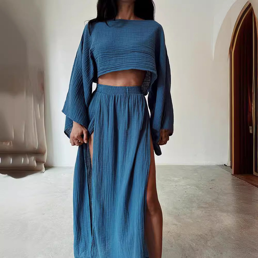 Linen Blend Splits Two-piece Skirt Set