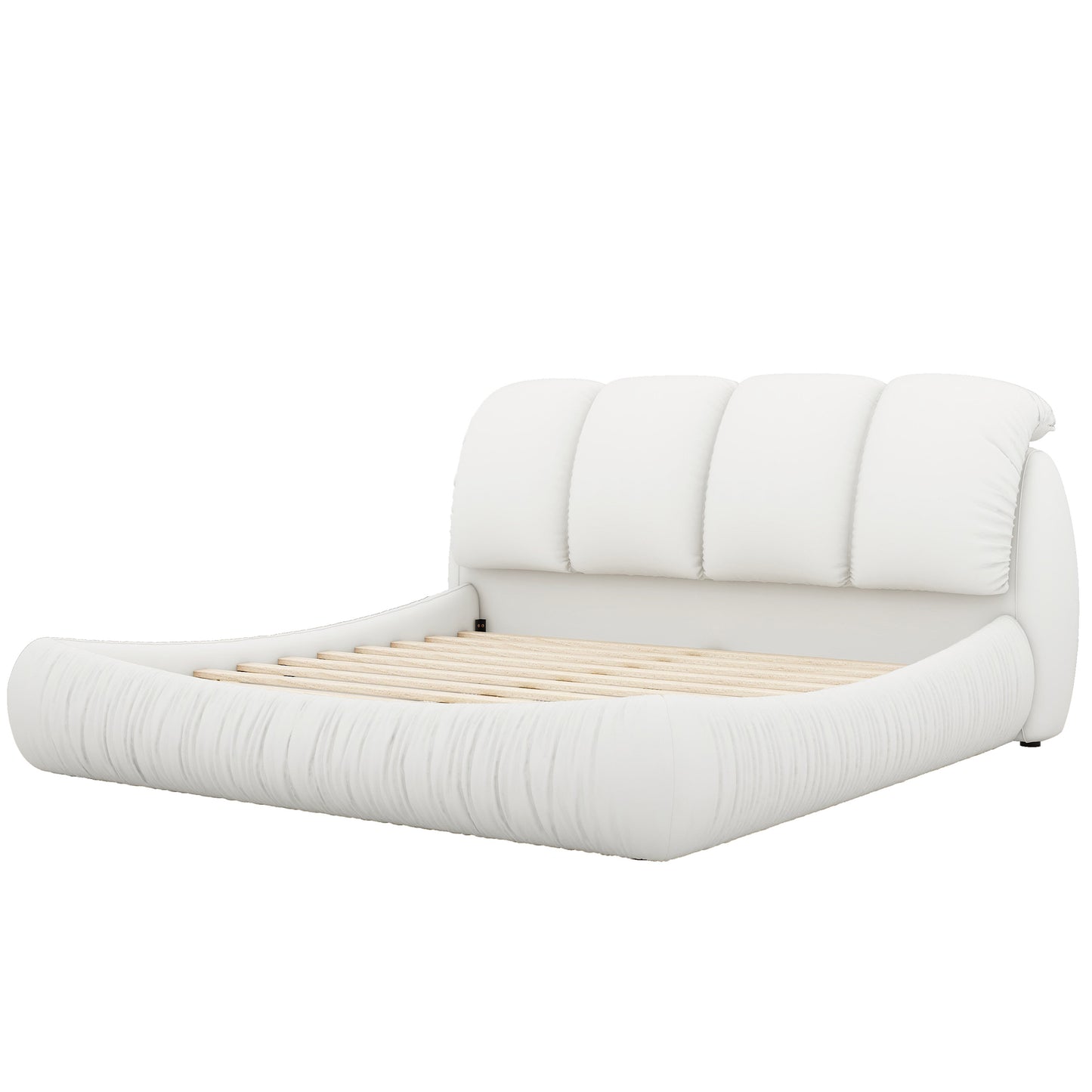King Size Luxury Handmade Upholstered Leather Bed with Oversized Padded Backrest, White