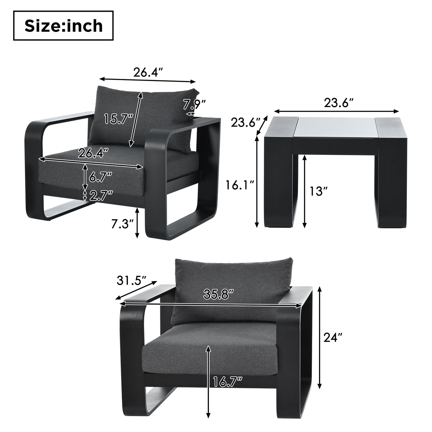 3-teiliges Terrassenmöbelset mit Aluminiumrahmen, 17 cm dickem Kissen und Couchtisch, wetterfestes Outdoor-Set