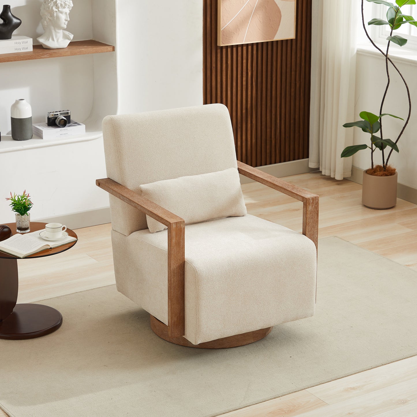 Beige 360 Degree Swivel Modern Upholstered Accent Chair with Wood Armrests