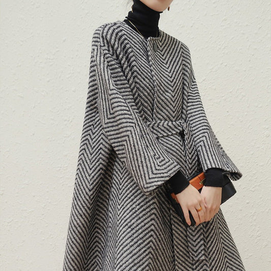 Herringbone Belted Crewneck Overcoat
