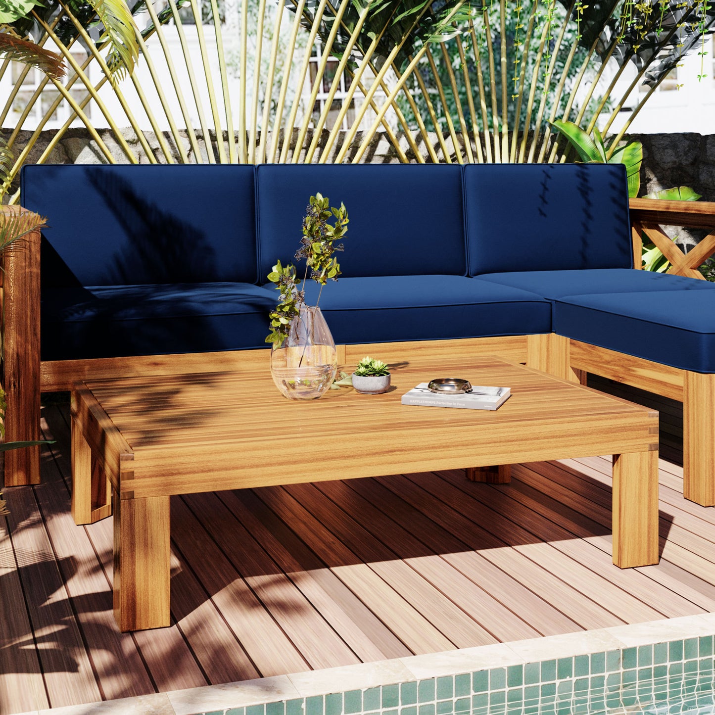 5-Piece Wood Outdoor Sectional Sofa Patio Set with Blue Cushions