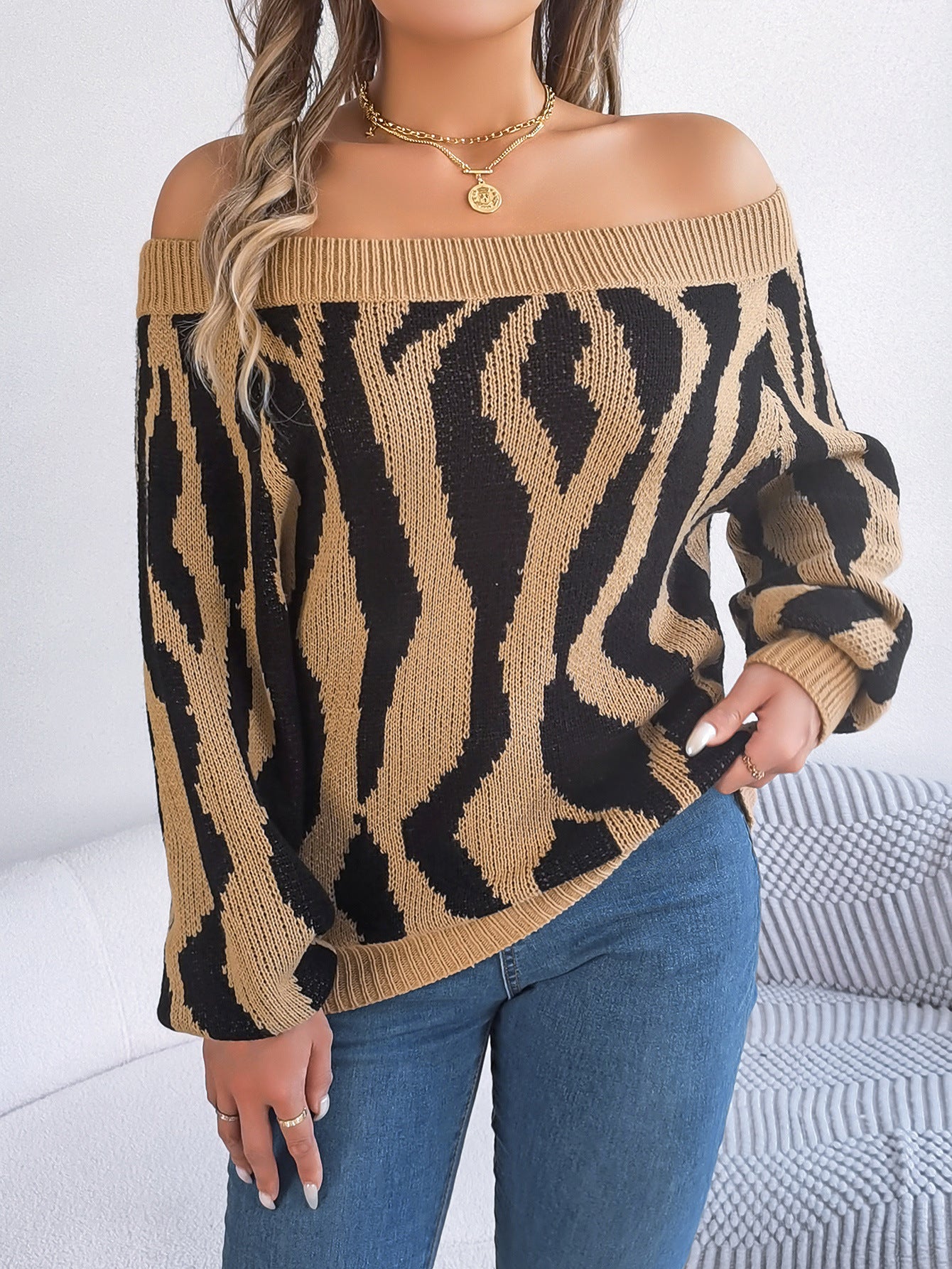 Off-the-shoulder Zebra Stiped Sweater (3 Colors)
